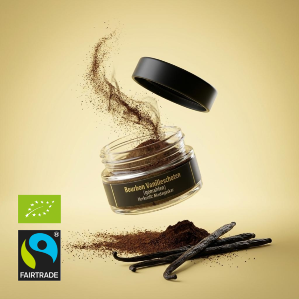 Gemahlenes Bio Fairtrade Bourbon-Vanillepulver aus Madagaskar im Schraubglas