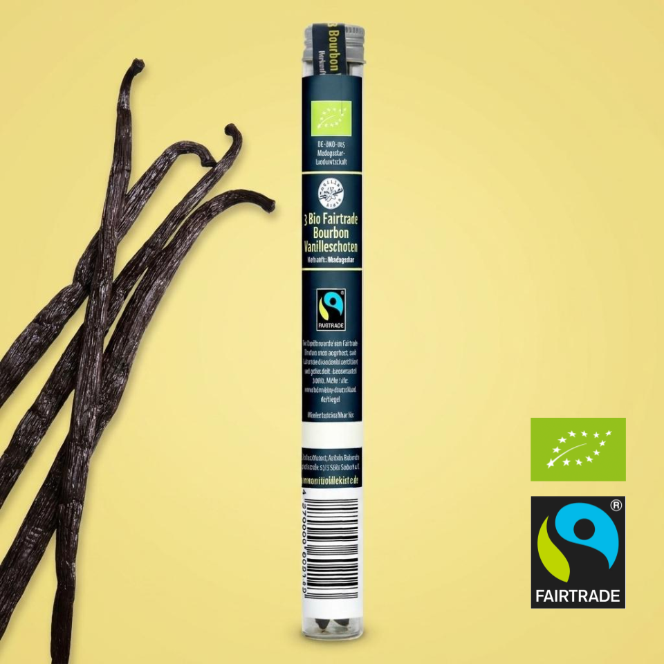 Drei Bio Fairtrade Bourbon-Vanilleschoten im wiederverschließbaren Reagenzglas