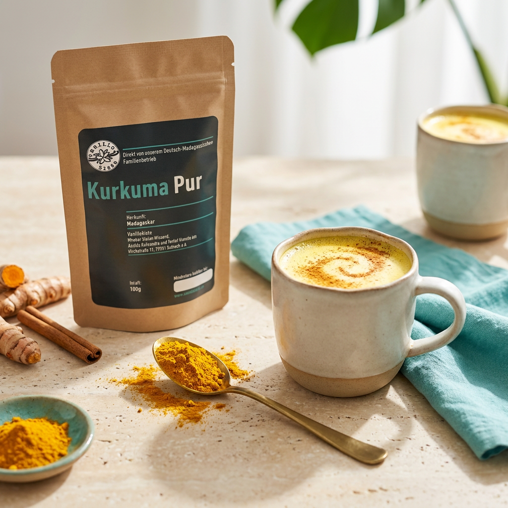 Zwei Tassen goldene Kurkuma-Latte, daneben der Beutel Kurkuma pur, ein Löffel mit Kurkumapulver und frische Kurkumawurzeln
