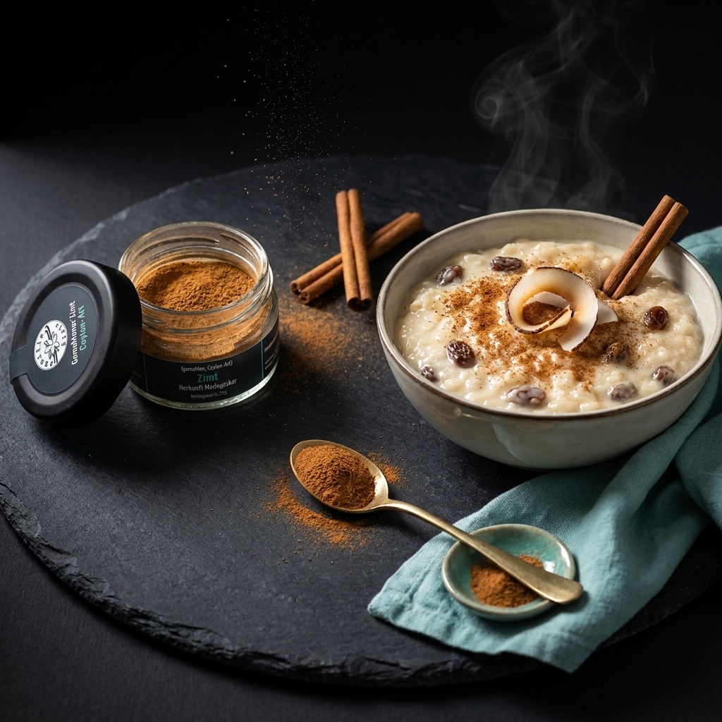 Milchreis mit Rosinen und Zimt, daneben das geöffnete Glas gemahlener Ceylon-Zimt, Zimtstangen und ein Löffel Zimtpulver auf dunklem Schiefer