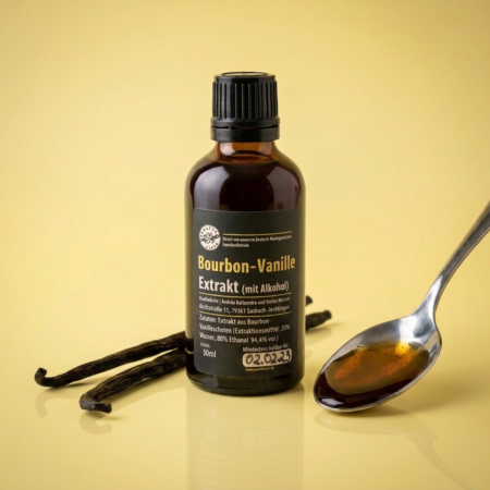 Bourbon-Vanille-Extrakt mit Alkohol in der 50ml-Braunglasflasche