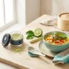 Thailändische Currysuppe mit Combava-Pulver, daneben das geöffnete Gewürzglas
