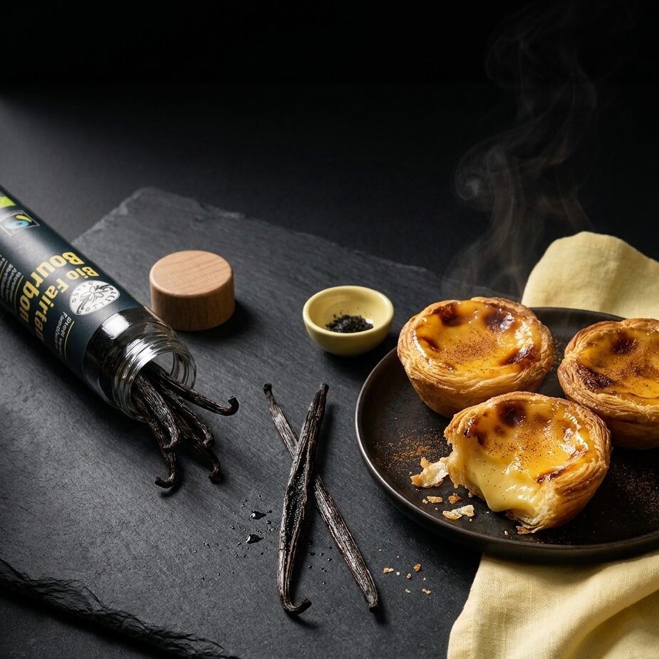 Bourbon-Vanilleschoten neben dem geöffneten Reagenzglas und drei frisch gebackenen Pastéis de nata auf dunklem Schiefer