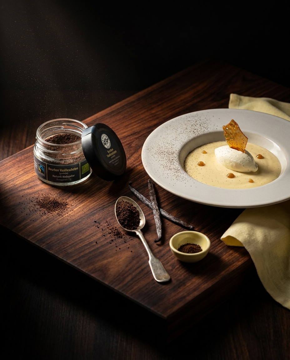 Vanillepudding mit Karamellsplitter, daneben ein Glas Vanillepulver, Vanilleschoten und ein Löffel mit gemahlener Vanille auf dunklem Holz