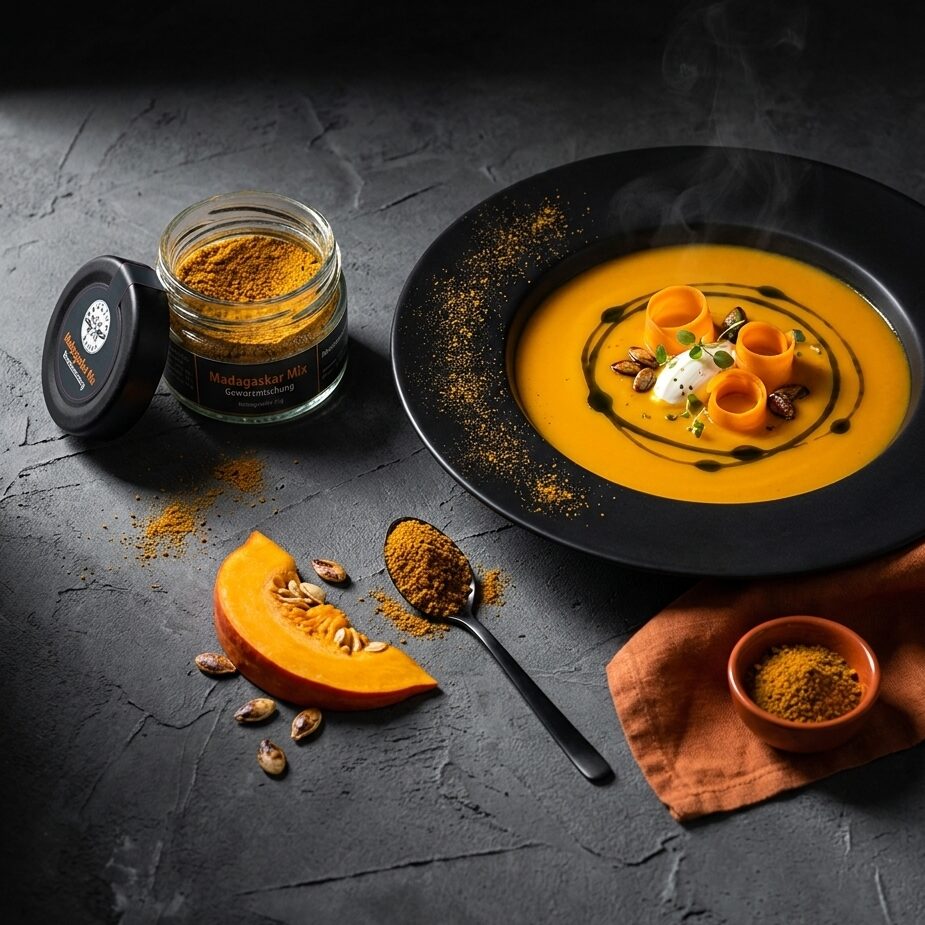 Kürbissuppe mit Madagaskar-Mix, daneben das geöffnete Gewürzglas, ein Stück Kürbis und ein Löffel mit der Gewürzmischung