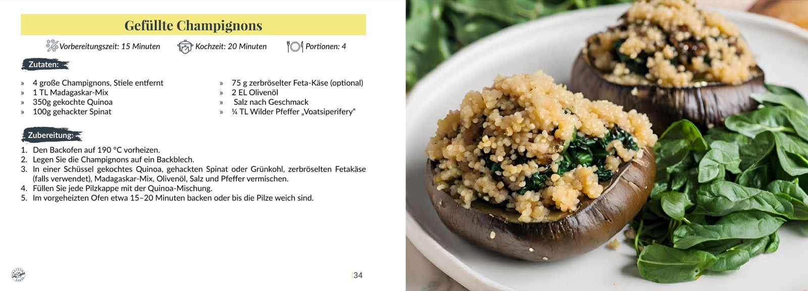Doppelseite aus dem Kochbuch: links das Rezept mit Zeiten, Zutaten und Zubereitung, rechts ein ganzseitiges Foto des Gerichts