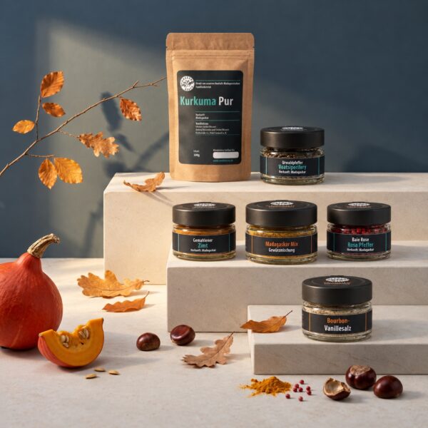 Gewürzset Herbstküche der Vanillekiste: Kurkuma im Standbodenbeutel und fünf Schraubgläser mit Voatsiperifery, Zimt, Madagaskar-Mix, Baie Rose und Vanillesalz auf Kalksteinstufen mit Hokkaido, Herbstlaub und Maronen